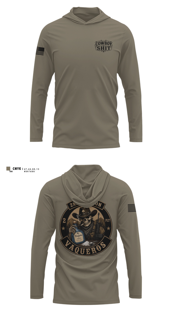 Long Sleeve hooded sunshirt, 2nd Platoon Vaqueros, Army, Teamtime, Team time, sublimation, custom sports apparel, team uniforms, spirit wear, spiritwear, sports uniforms, custom shirts, team store, custom team store, fundraiser sports, apparel fundraiser