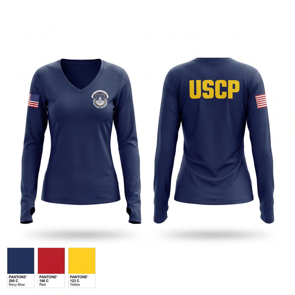 Womens Long Sleeve Vneck Shirt, USCP, Police, Teamtime, Team time, sublimation, custom sports apparel, team uniforms, spirit wear, spiritwear, sports uniforms, custom shirts, team store, custom team store, fundraiser sports, apparel fundraiser
