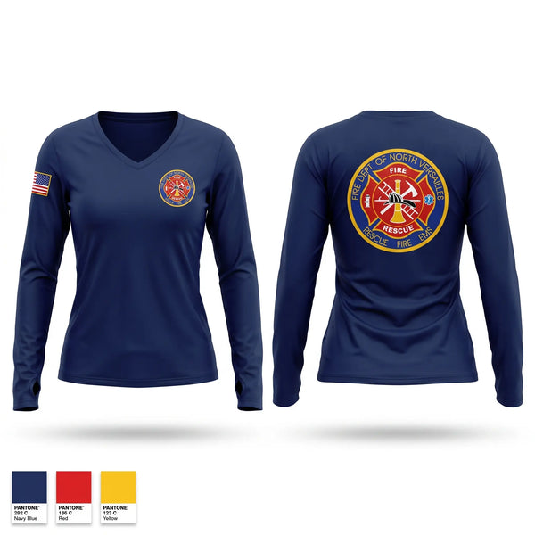 Womens Long Sleeve Vneck Shirt, FDNV FIRE & RESCUE 213, Fire Department, Teamtime, Team time, sublimation, custom sports apparel, team uniforms, spirit wear, spiritwear, sports uniforms, custom shirts, team store, custom team store, fundraiser sports, apparel fundraiser