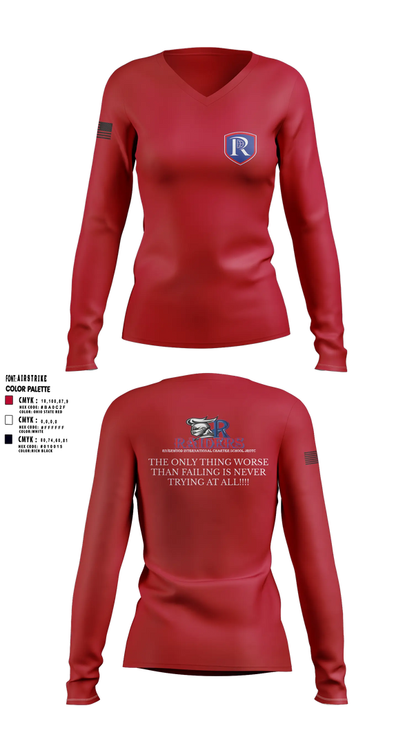 Womens Long Sleeve Vneck Shirt, RICS Raiders, Army, Teamtime, Team time, sublimation, custom sports apparel, team uniforms, spirit wear, spiritwear, sports uniforms, custom shirts, team store, custom team store, fundraiser sports, apparel fundraiser