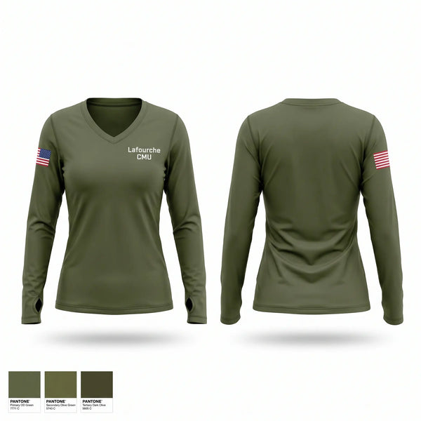 Womens Long Sleeve Vneck Shirt, Lafourche CMU, Police, Teamtime, Team time, sublimation, custom sports apparel, team uniforms, spirit wear, spiritwear, sports uniforms, custom shirts, team store, custom team store, fundraiser sports, apparel fundraiser