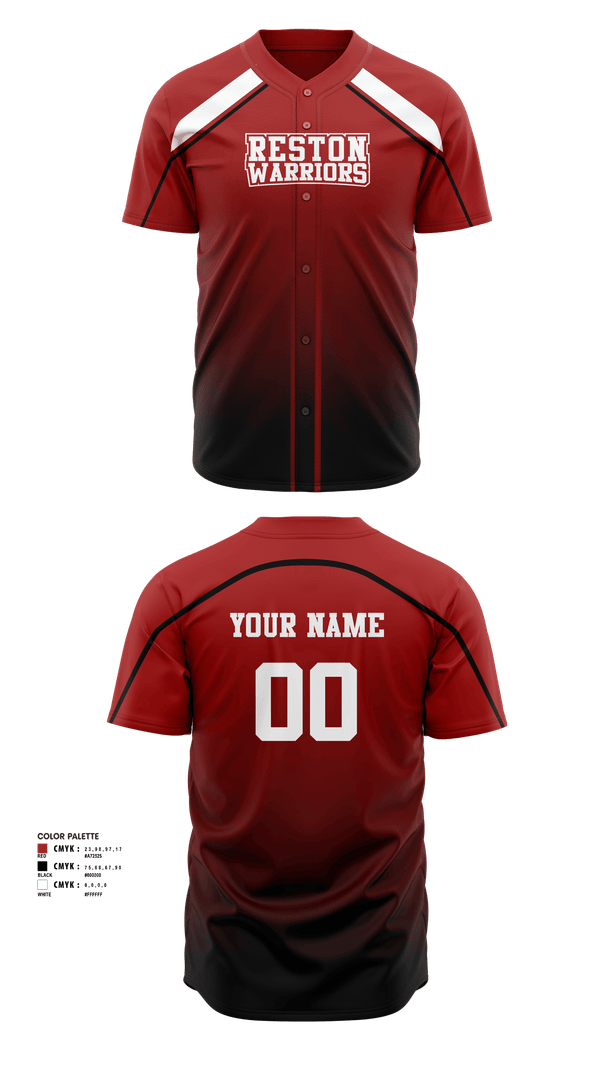 Full Button Baseball Jersey, Reston Warriors, Baseball, Teamtime, Team time, sublimation, custom sports apparel, team uniforms, spirit wear, spiritwear, sports uniforms, custom shirts, team store, custom team store, fundraiser sports, apparel fundraiser