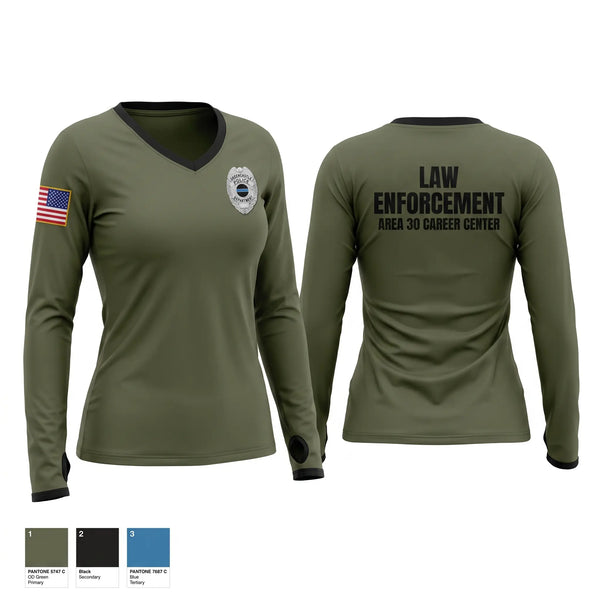 Womens Long Sleeve Vneck Shirt, AREA 30 CAREER CENTER LAW ENFORCEMENT, Police, Teamtime, Team time, sublimation, custom sports apparel, team uniforms, spirit wear, spiritwear, sports uniforms, custom shirts, team store, custom team store, fundraiser sports, apparel fundraiser