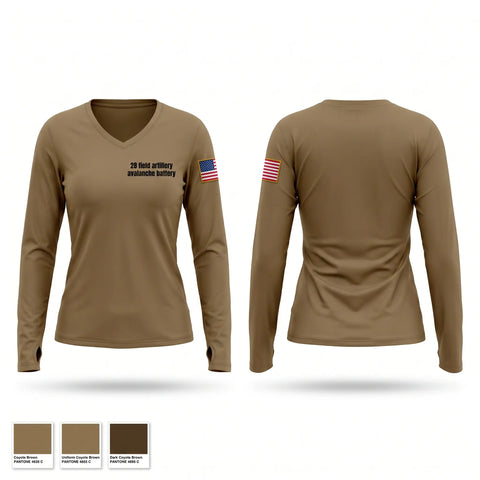 Womens Long Sleeve Vneck Shirt, 2-8 field artillery avalanche battery, Army, Teamtime, Team time, sublimation, custom sports apparel, team uniforms, spirit wear, spiritwear, sports uniforms, custom shirts, team store, custom team store, fundraiser sports, apparel fundraiser