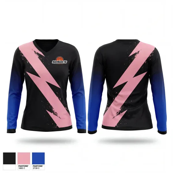 Womens Long Sleeve Vneck Shirt, Sonics, Women's Basketball, Teamtime, Team time, sublimation, custom sports apparel, team uniforms, spirit wear, spiritwear, sports uniforms, custom shirts, team store, custom team store, fundraiser sports, apparel fundraiser
