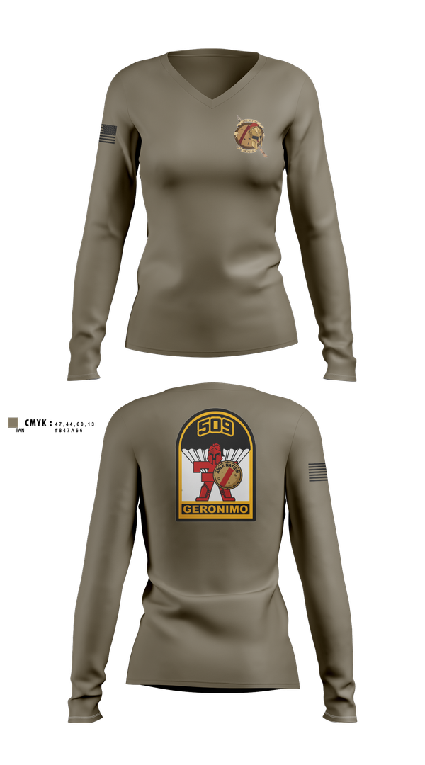 Womens Long Sleeve Vneck Shirt, 3-509th Parachute Infantry BN Able Nation, , Teamtime, Team time, sublimation, custom sports apparel, team uniforms, spirit wear, spiritwear, sports uniforms, custom shirts, team store, custom team store, fundraiser sports, apparel fundraiser