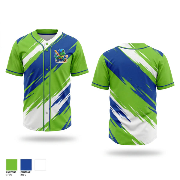 Full Button Baseball Jersey, Dino Sluggers, Baseball, Teamtime, Team time, sublimation, custom sports apparel, team uniforms, spirit wear, spiritwear, sports uniforms, custom shirts, team store, custom team store, fundraiser sports, apparel fundraiser