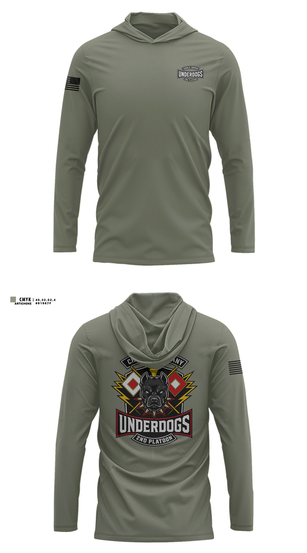 Long Sleeve Hooded Sun Shirt, C co 2nd plt Underdogs, Army, Teamtime, Team time, sublimation, custom sports apparel, team uniforms, spirit wear, spiritwear, sports uniforms, custom shirts, team store, custom team store, fundraiser sports, apparel fundraiser