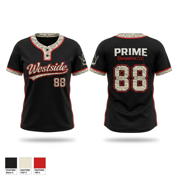 Two Button Softball Jersey, Westside, Softball, Teamtime, Team time, sublimation, custom sports apparel, team uniforms, spirit wear, spiritwear, sports uniforms, custom shirts, team store, custom team store, fundraiser sports, apparel fundraiser