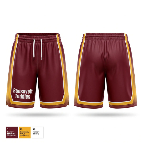 Mens Basketball Shorts, Roosevelt Teddies, Women's Basketball, Teamtime, Team time, sublimation, custom sports apparel, team uniforms, spirit wear, spiritwear, sports uniforms, custom shirts, team store, custom team store, fundraiser sports, apparel fundraiser