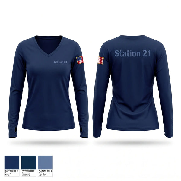 Womens Long Sleeve Vneck Shirt, Station 21, Fire Department, Teamtime, Team time, sublimation, custom sports apparel, team uniforms, spirit wear, spiritwear, sports uniforms, custom shirts, team store, custom team store, fundraiser sports, apparel fundraiser