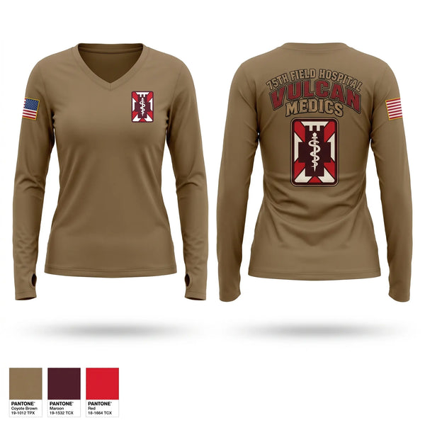 Womens Long Sleeve Vneck Shirt, 75th Field Hospital, Army, Teamtime, Team time, sublimation, custom sports apparel, team uniforms, spirit wear, spiritwear, sports uniforms, custom shirts, team store, custom team store, fundraiser sports, apparel fundraiser