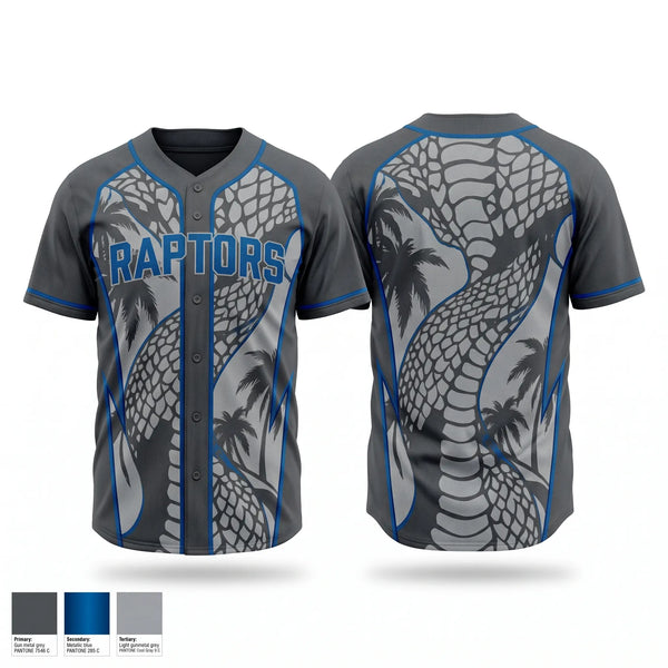 Full Button Baseball Jersey, Raptors, Baseball, Teamtime, Team time, sublimation, custom sports apparel, team uniforms, spirit wear, spiritwear, sports uniforms, custom shirts, team store, custom team store, fundraiser sports, apparel fundraiser
