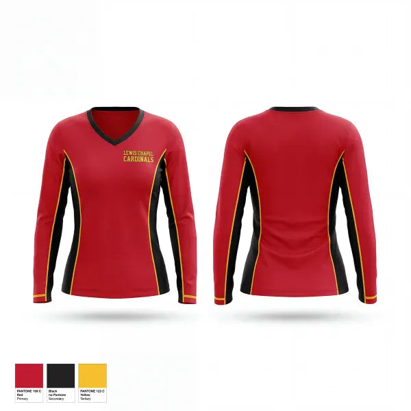 Womens Long Sleeve Vneck Shirt, Lewis Chapel Cardinals, Baseball, Teamtime, Team time, sublimation, custom sports apparel, team uniforms, spirit wear, spiritwear, sports uniforms, custom shirts, team store, custom team store, fundraiser sports, apparel fundraiser
