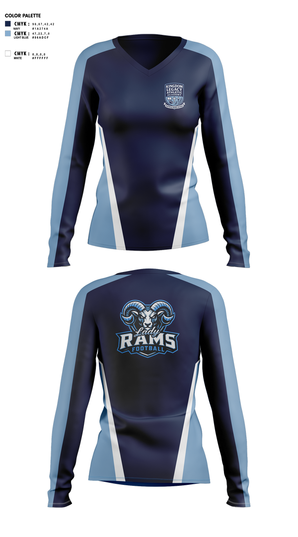 Womens Long Sleeve Vneck Shirt, Kingdom Legacy Athletics Academy, , Teamtime, Team time, sublimation, custom sports apparel, team uniforms, spirit wear, spiritwear, sports uniforms, custom shirts, team store, custom team store, fundraiser sports, apparel fundraiser