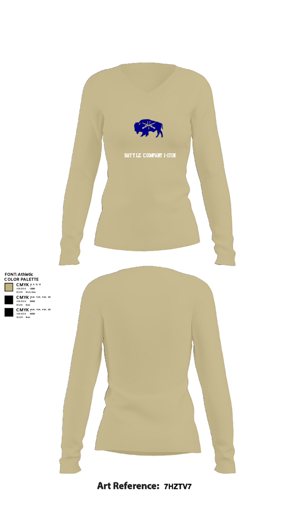 Women's Long Sleeve Vneck Shirt, Battle company 1-17IN, Army, Teamtime, Team time, sublimation, custom sports apparel, team uniforms, spirit wear, spiritwear, sports uniforms, custom shirts, team store, custom team store, fundraiser sports, apparel fundraiser