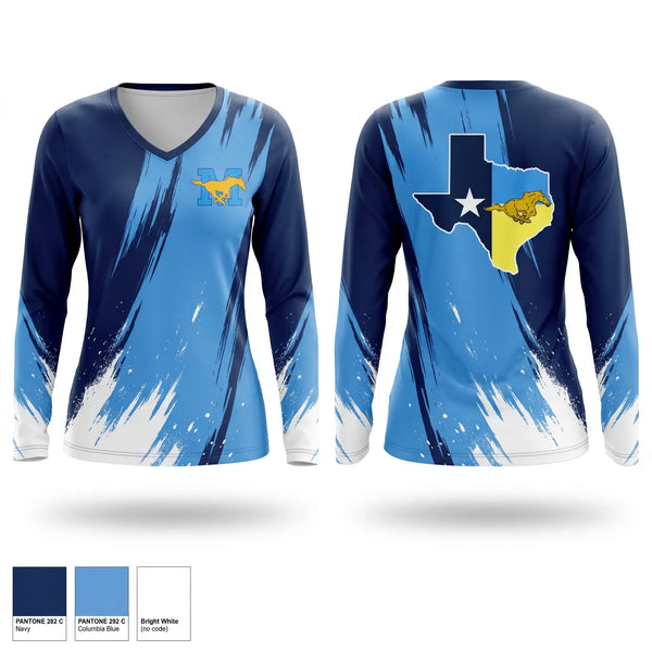 Womens Long Sleeve Vneck Shirt, Mustangs, Wrestling, Teamtime, Team time, sublimation, custom sports apparel, team uniforms, spirit wear, spiritwear, sports uniforms, custom shirts, team store, custom team store, fundraiser sports, apparel fundraiser
