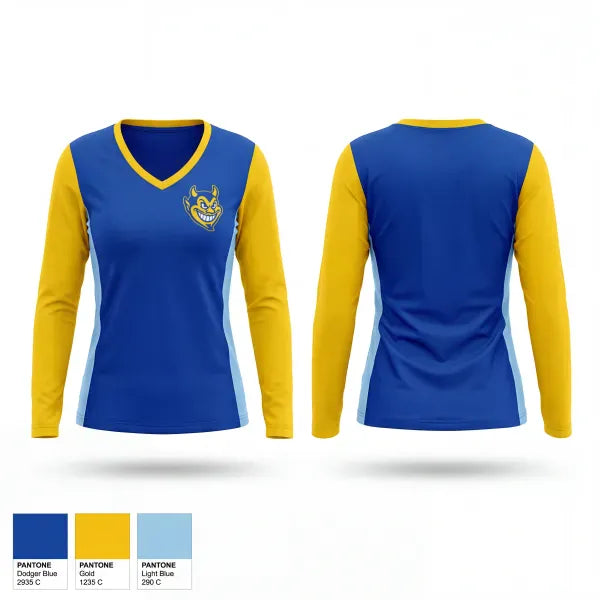 Womens Long Sleeve Vneck Shirt, Falkville Blue Devils, Baseball, Teamtime, Team time, sublimation, custom sports apparel, team uniforms, spirit wear, spiritwear, sports uniforms, custom shirts, team store, custom team store, fundraiser sports, apparel fundraiser