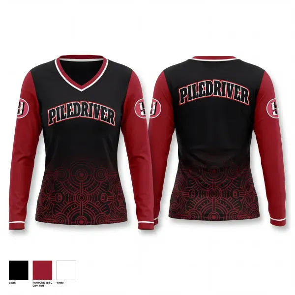 Womens Long Sleeve Vneck Shirt, Piledriver University, Wrestling, Teamtime, Team time, sublimation, custom sports apparel, team uniforms, spirit wear, spiritwear, sports uniforms, custom shirts, team store, custom team store, fundraiser sports, apparel fundraiser