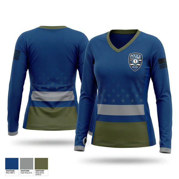 Womens Long Sleeve Vneck Shirt, Wilder Police Department, Police, Teamtime, Team time, sublimation, custom sports apparel, team uniforms, spirit wear, spiritwear, sports uniforms, custom shirts, team store, custom team store, fundraiser sports, apparel fundraiser