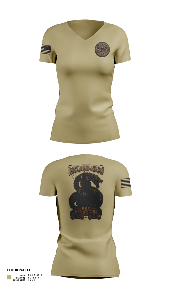 Womens Short Sleeve Vneck Shirt, HHC 136th ESB, Army, Teamtime, Team time, sublimation, custom sports apparel, team uniforms, spirit wear, spiritwear, sports uniforms, custom shirts, team store, custom team store, fundraiser sports, apparel fundraiser