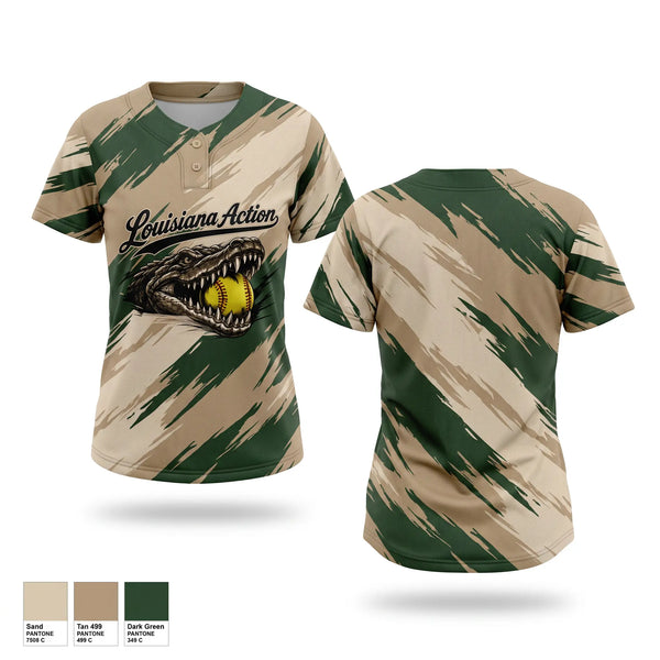 Two Button Softball Jersey, Louisiana Action, Softball, Teamtime, Team time, sublimation, custom sports apparel, team uniforms, spirit wear, spiritwear, sports uniforms, custom shirts, team store, custom team store, fundraiser sports, apparel fundraiser