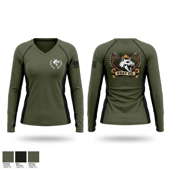 Womens Long Sleeve Vneck Shirt, MCB HAWAII PMO K9, Marines, Teamtime, Team time, sublimation, custom sports apparel, team uniforms, spirit wear, spiritwear, sports uniforms, custom shirts, team store, custom team store, fundraiser sports, apparel fundraiser