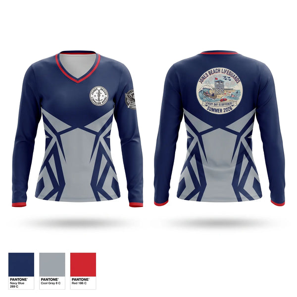 Womens Long Sleeve Vneck Shirt, Jones Beach Lifeguard Corp, , Teamtime, Team time, sublimation, custom sports apparel, team uniforms, spirit wear, spiritwear, sports uniforms, custom shirts, team store, custom team store, fundraiser sports, apparel fundraiser