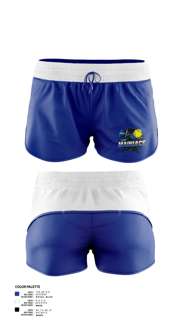 Womens Shorts, Capital Area Mainiacs, Softball, Teamtime, Team time, sublimation, custom sports apparel, team uniforms, spirit wear, spiritwear, sports uniforms, custom shirts, team store, custom team store, fundraiser sports, apparel fundraiser