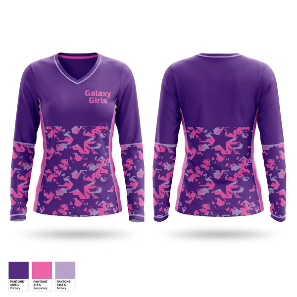Womens Long Sleeve Vneck Shirt, Galaxy Girls, Women's Soccer, Teamtime, Team time, sublimation, custom sports apparel, team uniforms, spirit wear, spiritwear, sports uniforms, custom shirts, team store, custom team store, fundraiser sports, apparel fundraiser