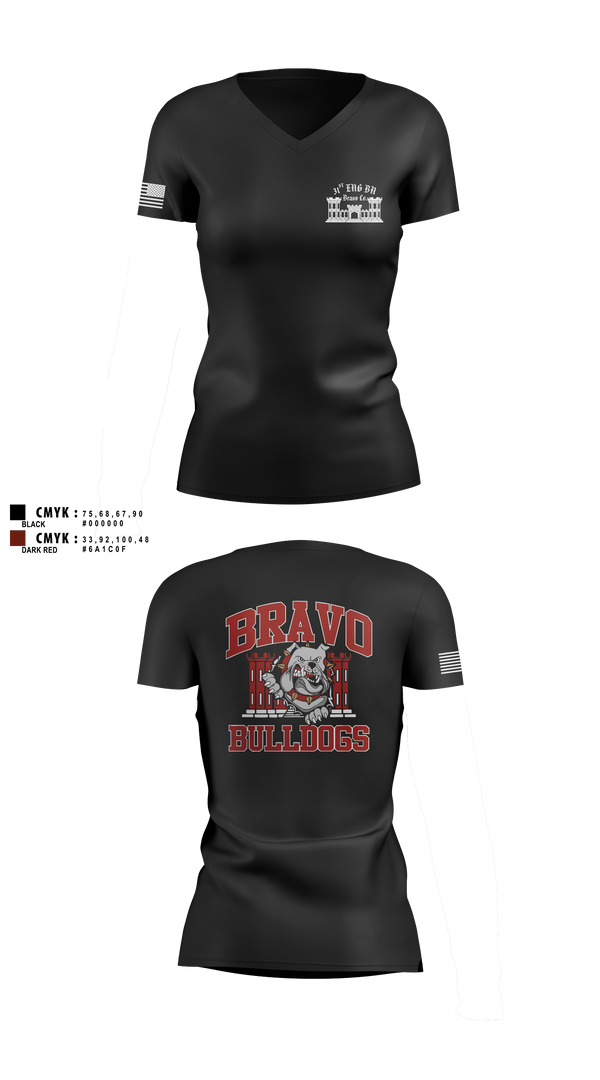Womens Short Sleeve Vneck Shirt, Bravo Company “Bulldogs” 31st Engineer Battalion, , Teamtime, Team time, sublimation, custom sports apparel, team uniforms, spirit wear, spiritwear, sports uniforms, custom shirts, team store, custom team store, fundraiser sports, apparel fundraiser