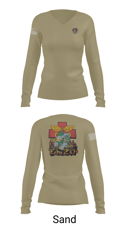 Womens Long Sleeve Vneck Shirt, Echo Company 232nd battalion, Army, Teamtime, Team time, sublimation, custom sports apparel, team uniforms, spirit wear, spiritwear, sports uniforms, custom shirts, team store, custom team store, fundraiser sports, apparel fundraiser
