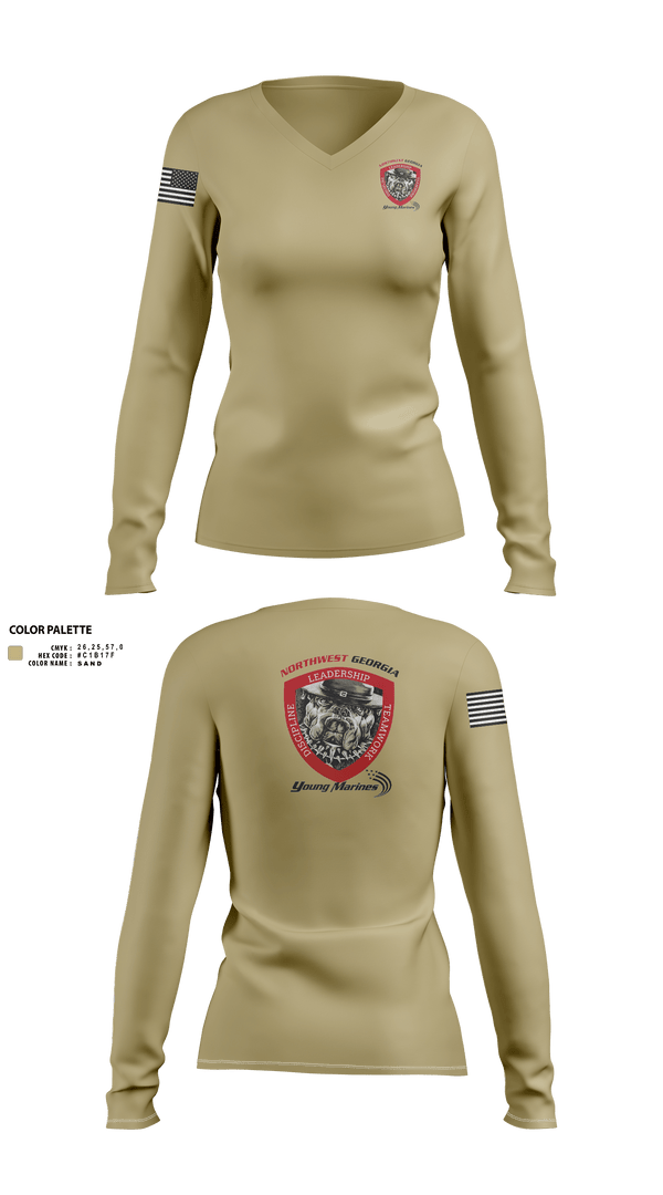 Womens Long Sleeve Vneck Shirt, Northwest Georgia Young Marines, , Teamtime, Team time, sublimation, custom sports apparel, team uniforms, spirit wear, spiritwear, sports uniforms, custom shirts, team store, custom team store, fundraiser sports, apparel fundraiser