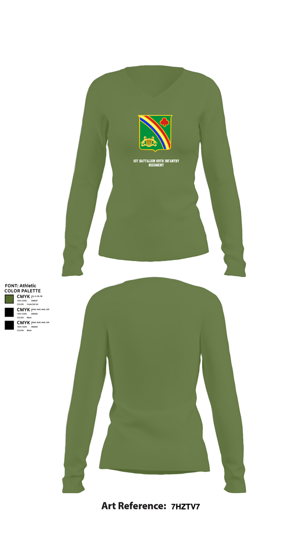 Womens Long Sleeve Vneck Shirt, 1st Battalion 69th Infantry Regiment, Army, Teamtime, Team time, sublimation, custom sports apparel, team uniforms, spirit wear, spiritwear, sports uniforms, custom shirts, team store, custom team store, fundraiser sports, apparel fundraiser