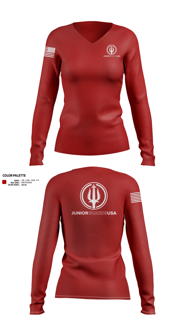 Womens Long Sleeve Vneck Shirt, Junior Guards USA, Swimming, Teamtime, Team time, sublimation, custom sports apparel, team uniforms, spirit wear, spiritwear, sports uniforms, custom shirts, team store, custom team store, fundraiser sports, apparel fundraiser