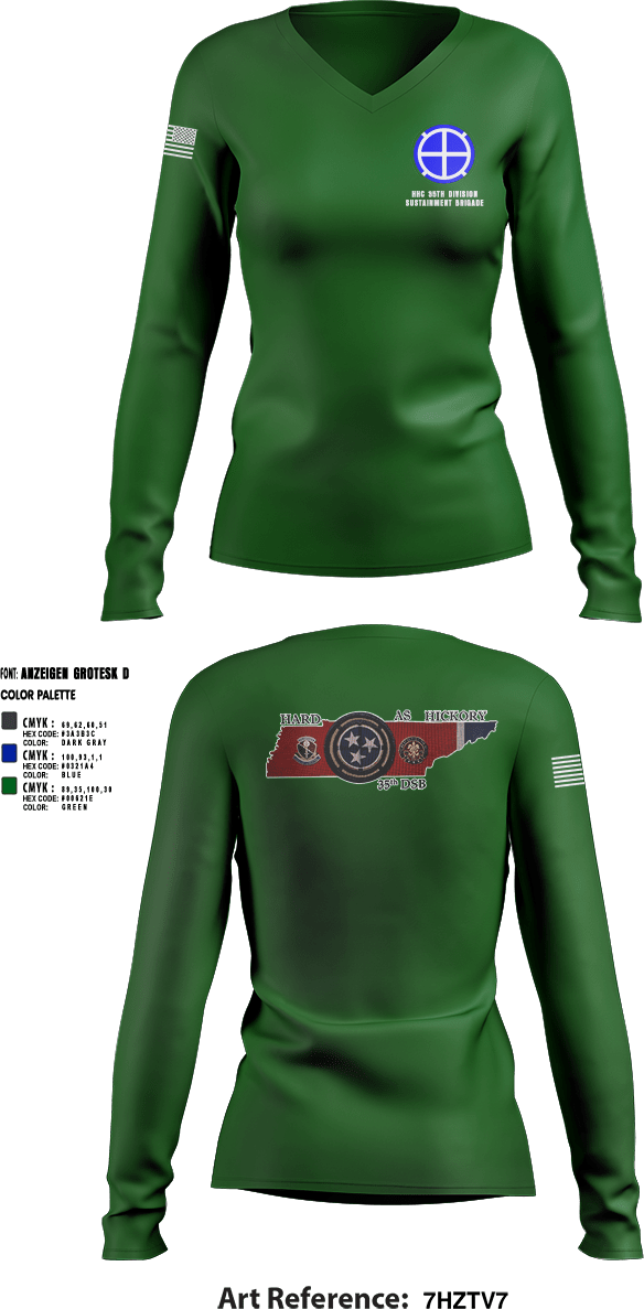 Womens Long Sleeve Vneck Shirt, HHC 35th Division Sustainment Brigade, National Guard, Teamtime, Team time, sublimation, custom sports apparel, team uniforms, spirit wear, spiritwear, sports uniforms, custom shirts, team store, custom team store, fundraiser sports, apparel fundraiser