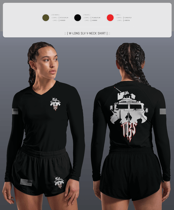 Womens Long Sleeve Vneck Shirt, The Basic School, Marines, Teamtime, Team time, sublimation, custom sports apparel, team uniforms, spirit wear, spiritwear, sports uniforms, custom shirts, team store, custom team store, fundraiser sports, apparel fundraiser