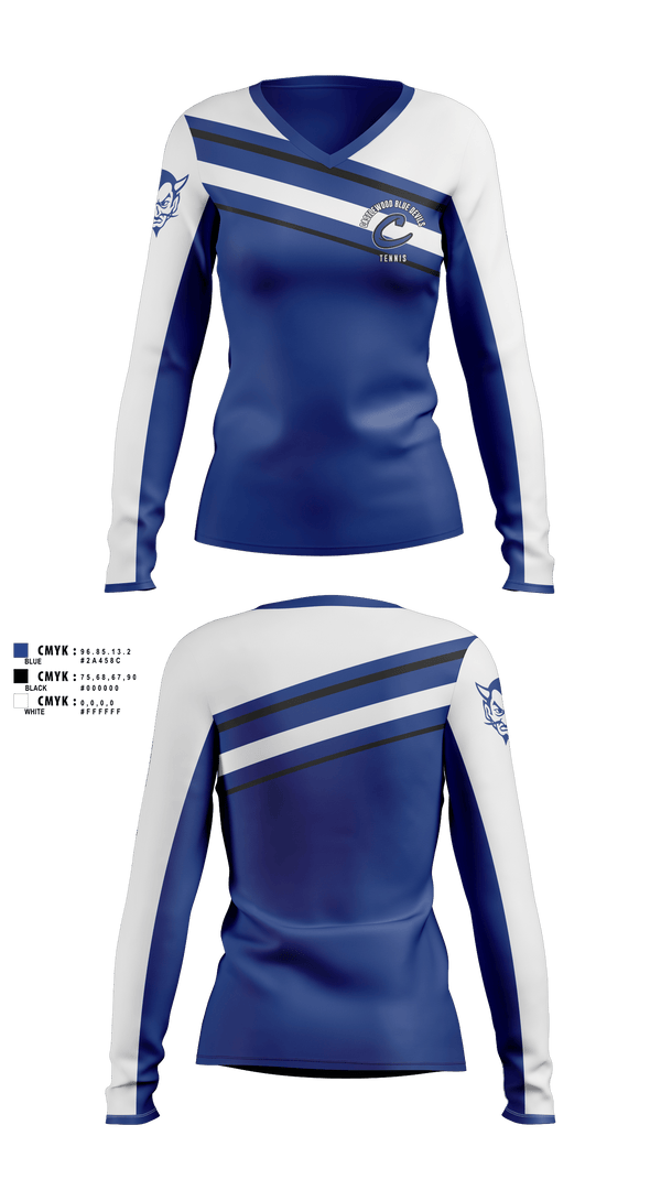 Womens Long Sleeve Vneck Shirt, Castlewood Blue Devils, Tennis, Teamtime, Team time, sublimation, custom sports apparel, team uniforms, spirit wear, spiritwear, sports uniforms, custom shirts, team store, custom team store, fundraiser sports, apparel fundraiser