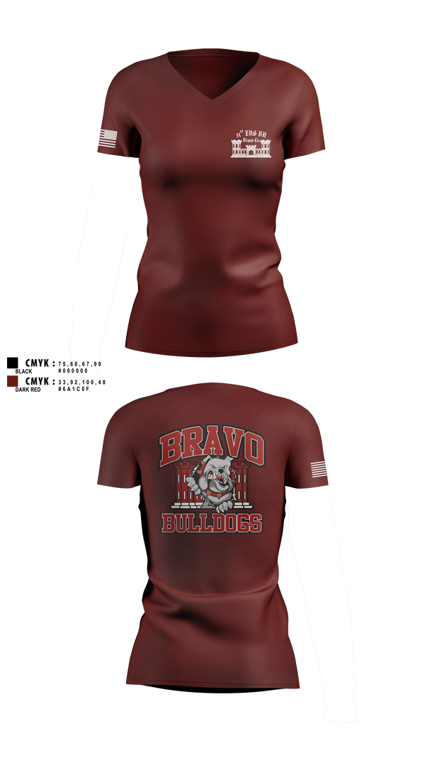 Womens Short Sleeve Vneck Shirt, Bravo Company “Bulldogs” 31st Engineer Battalion, , Teamtime, Team time, sublimation, custom sports apparel, team uniforms, spirit wear, spiritwear, sports uniforms, custom shirts, team store, custom team store, fundraiser sports, apparel fundraiser