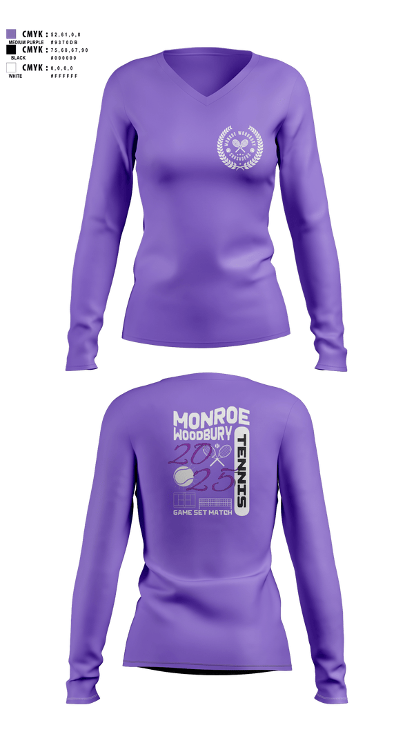 Womens Long Sleeve Vneck Shirt, Monroe Woodbury, Tennis, Teamtime, Team time, sublimation, custom sports apparel, team uniforms, spirit wear, spiritwear, sports uniforms, custom shirts, team store, custom team store, fundraiser sports, apparel fundraiser