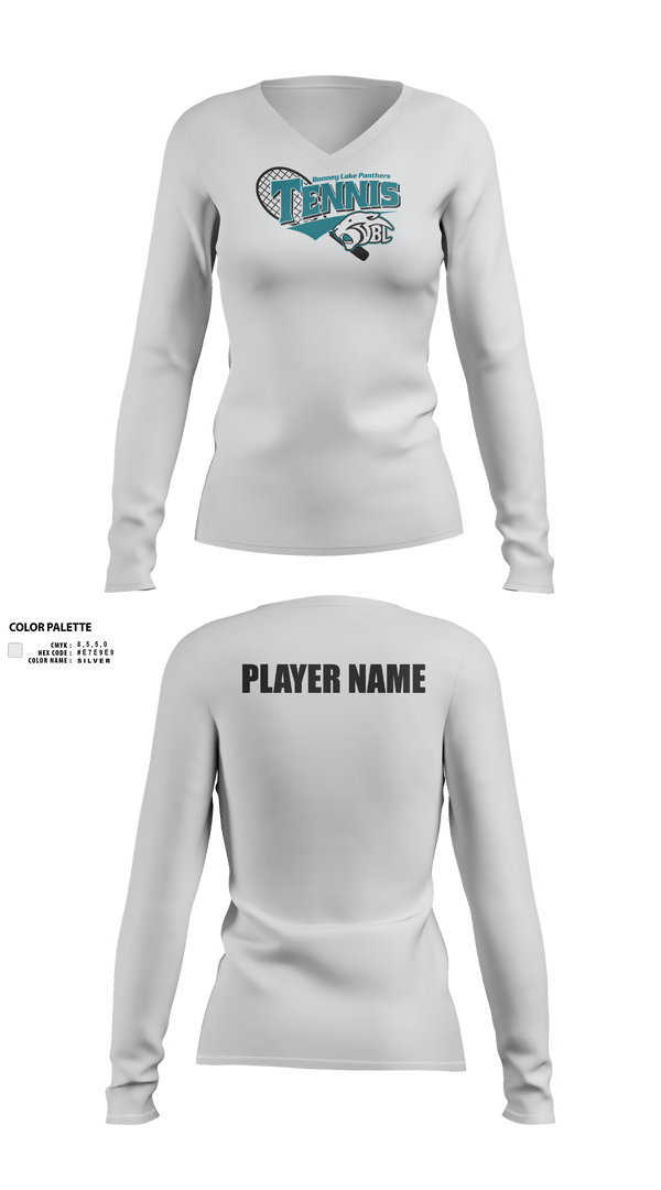 Womens Long Sleeve Vneck Shirt, Bonney Lake Panthers Tennis, Tennis, Teamtime, Team time, sublimation, custom sports apparel, team uniforms, spirit wear, spiritwear, sports uniforms, custom shirts, team store, custom team store, fundraiser sports, apparel fundraiser