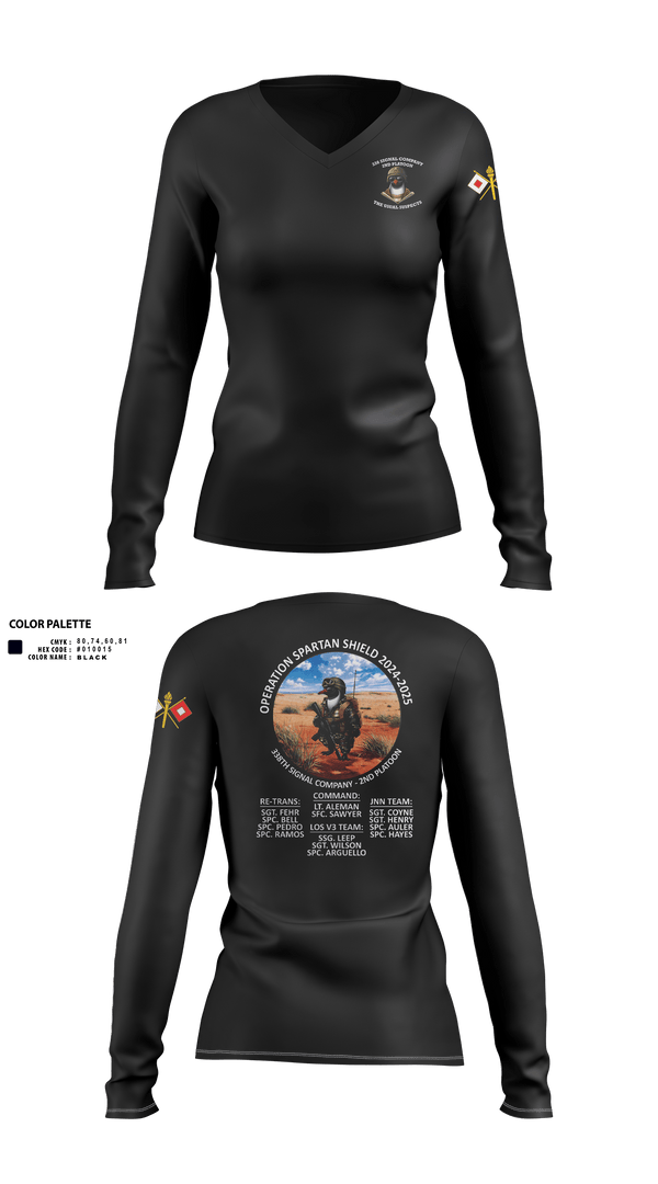 Womens Long Sleeve Vneck Shirt, 338th Signal Company, Army, Teamtime, Team time, sublimation, custom sports apparel, team uniforms, spirit wear, spiritwear, sports uniforms, custom shirts, team store, custom team store, fundraiser sports, apparel fundraiser