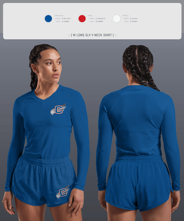 Womens Long Sleeve Vneck Shirt, Cleveland Blue Raiders, Track & Field, Teamtime, Team time, sublimation, custom sports apparel, team uniforms, spirit wear, spiritwear, sports uniforms, custom shirts, team store, custom team store, fundraiser sports, apparel fundraiser