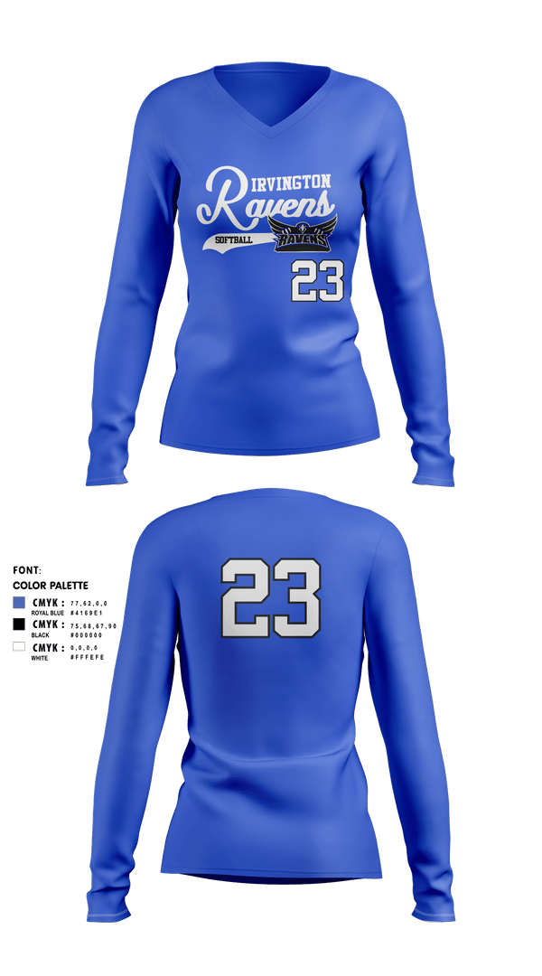 Womens Long Sleeve Vneck Shirt, Irvington Preparatory Academy Softball, Softball, Teamtime, Team time, sublimation, custom sports apparel, team uniforms, spirit wear, spiritwear, sports uniforms, custom shirts, team store, custom team store, fundraiser sports, apparel fundraiser