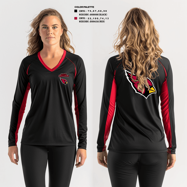Women's Long Sleeve Vneck Shirt, plainfield cardinals, Track & Field, Teamtime, Team time, sublimation, custom sports apparel, team uniforms, spirit wear, spiritwear, sports uniforms, custom shirts, team store, custom team store, fundraiser sports, apparel fundraiser