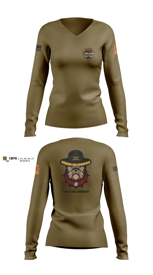 Women's Long Sleeve Vneck Shirt, Bravo BulldawgsBravo BulldawgsB_3-6 ADARBulldawgs 3-6ADAR, Army, Teamtime, Team time, sublimation, custom sports apparel, team uniforms, spirit wear, spiritwear, sports uniforms, custom shirts, team store, custom team store, fundraiser sports, apparel fundraiser