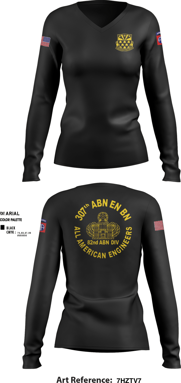 Women's Long Sleeve Vneck Shirt, 307th Airborne Engineers Battalion, , Teamtime, Team time, sublimation, custom sports apparel, team uniforms, spirit wear, spiritwear, sports uniforms, custom shirts, team store, custom team store, fundraiser sports, apparel fundraiser