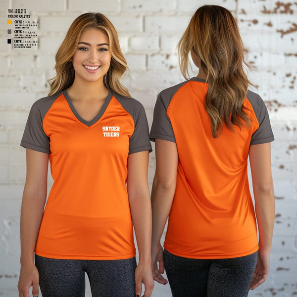 Women's Short Sleeve Vneck Shirt, Snyder Tigers, Baseball, Teamtime, Team time, sublimation, custom sports apparel, team uniforms, spirit wear, spiritwear, sports uniforms, custom shirts, team store, custom team store, fundraiser sports, apparel fundraiser