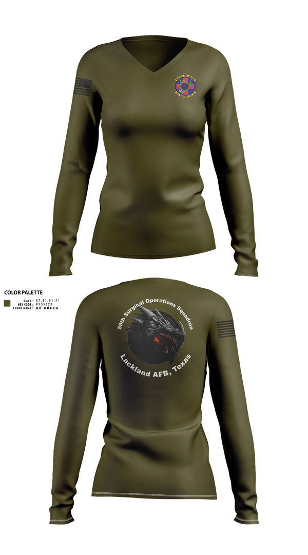 Women's Long Sleeve Vneck Shirt, 59th Surgical Operations Squadron, Air Force, Teamtime, Team time, sublimation, custom sports apparel, team uniforms, spirit wear, spiritwear, sports uniforms, custom shirts, team store, custom team store, fundraiser sports, apparel fundraiser