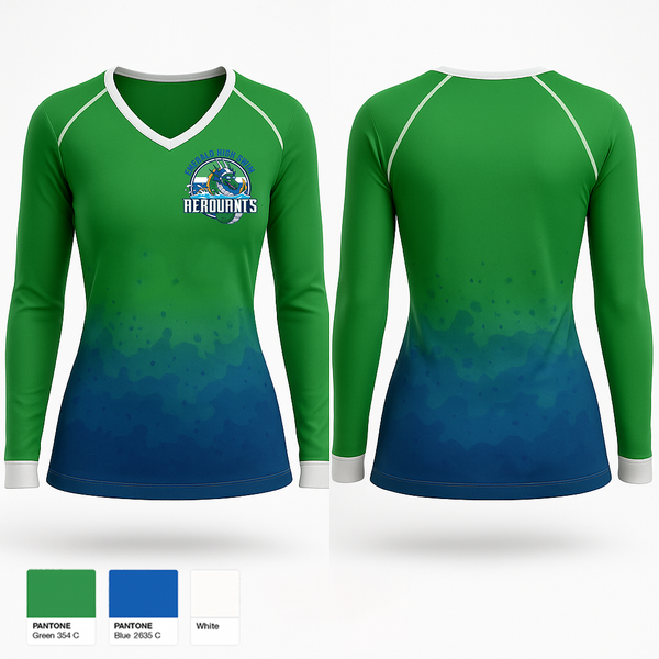 Women's Long Sleeve Vneck Shirt, Emerald High Swim Aeroaunts, Swimming, Teamtime, Team time, sublimation, custom sports apparel, team uniforms, spirit wear, spiritwear, sports uniforms, custom shirts, team store, custom team store, fundraiser sports, apparel fundraiser